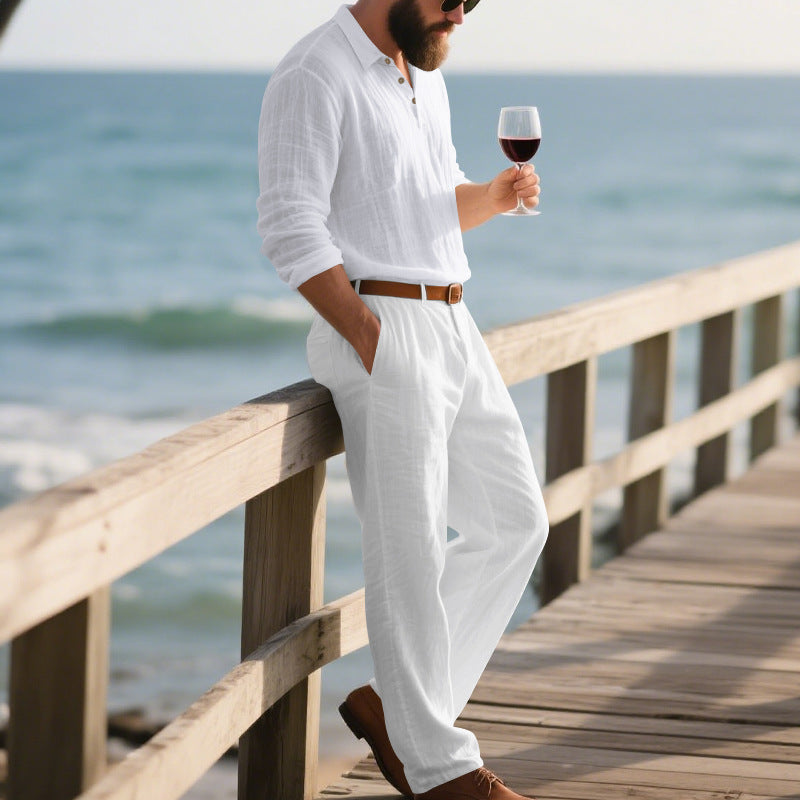 Men's Linen POLO Long-sleeved Trousers Casual Suit Solid Color Two-piece Set